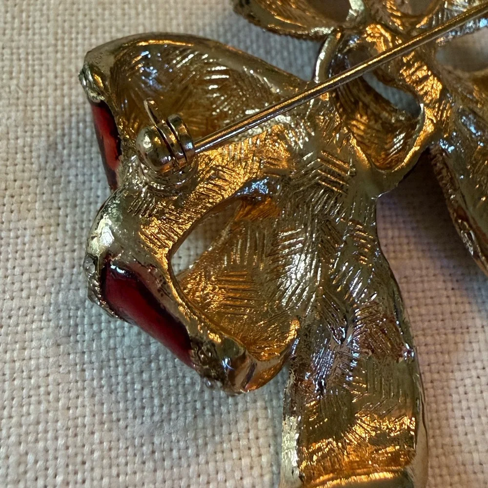 Vintage Brooch Red and Gold Rhinestone Bow - Picture 5 of 6